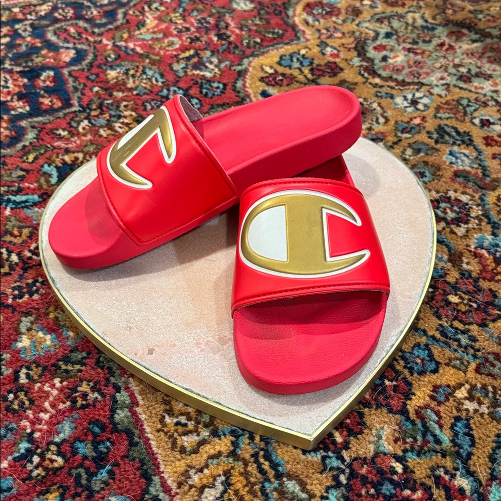 Champion Red Slides with Gold Logo